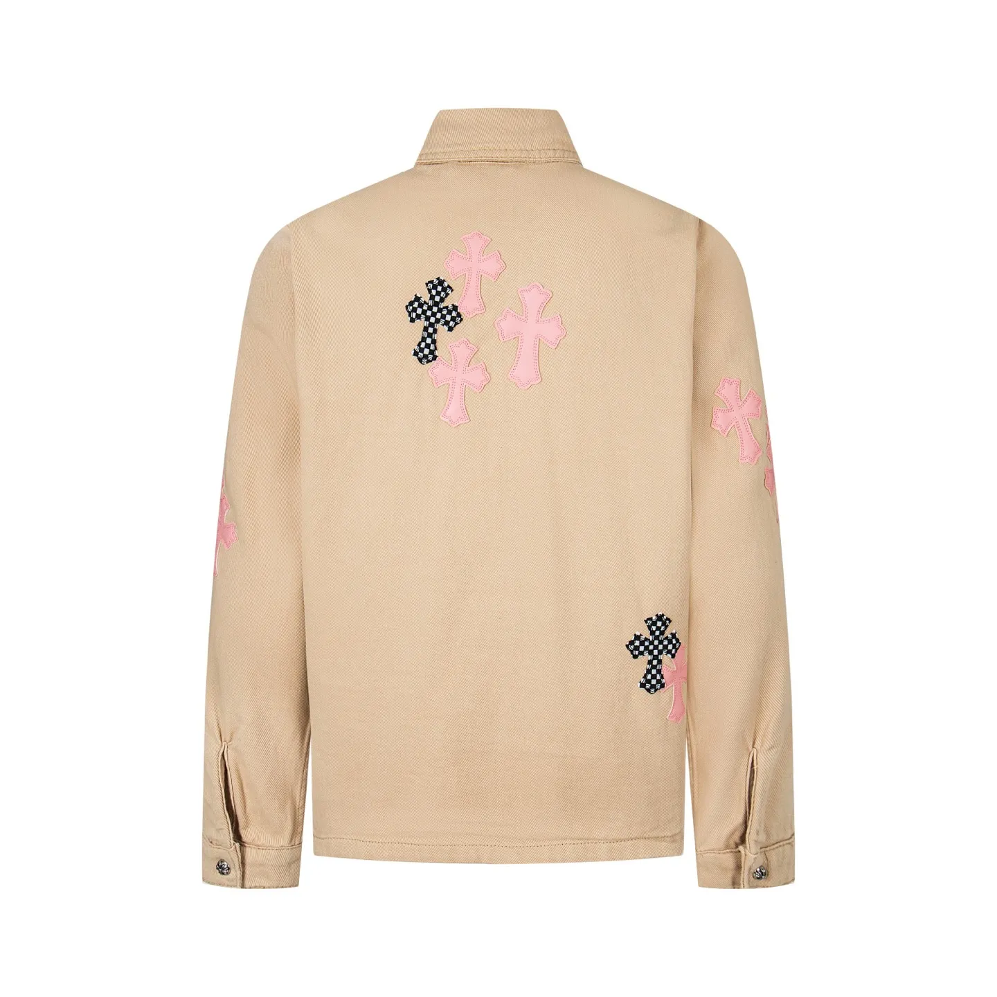 P260 ChromeHearts/Chrome Hearts ch cherry blossom pink checkerboard patchwork leather jacket. If you are obsessed with ChromeHearts, you can check it out. The same style for celebrities. Chrome Hearts is a very representative shirt jacket. The upper body of both men and women is really amazing, and it is the same style as Yu Shuxin and Angelababy! Recommended loose style for girls, super sweet! As soon as you go out, you will turn heads‼ ️This jacket is really eye-catching. Style number: 1717# (same style pants are available) Color: Khaki Size: S M L XL